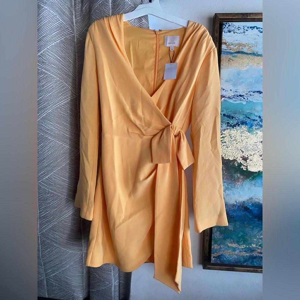 CINQ a SEPT Yellow Orange Sierra Wrap Front Crepe Long Sleeve Mini Dress Sz 2 - Picture 5 of 14